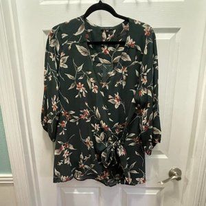 Dark Green Floral Wrap Blouse